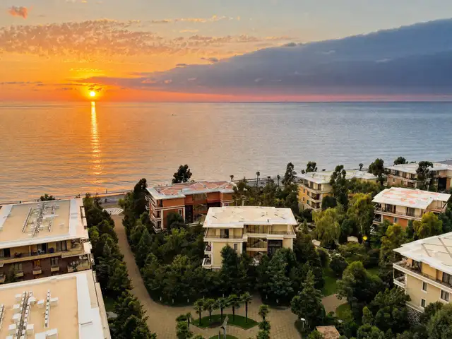 Aerial sunset view of the resort and Black Sea horizon