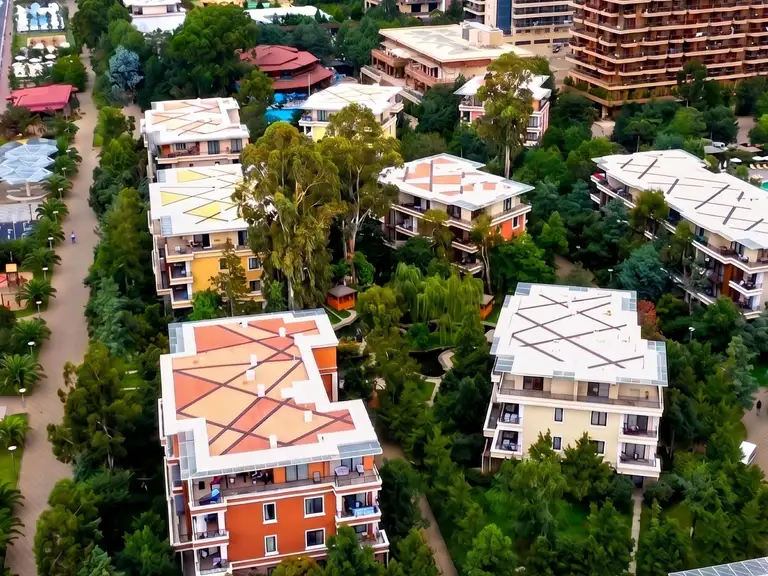 Aerial view of Dreamland Oasis — a subtropical park with residential blocks by the sea
