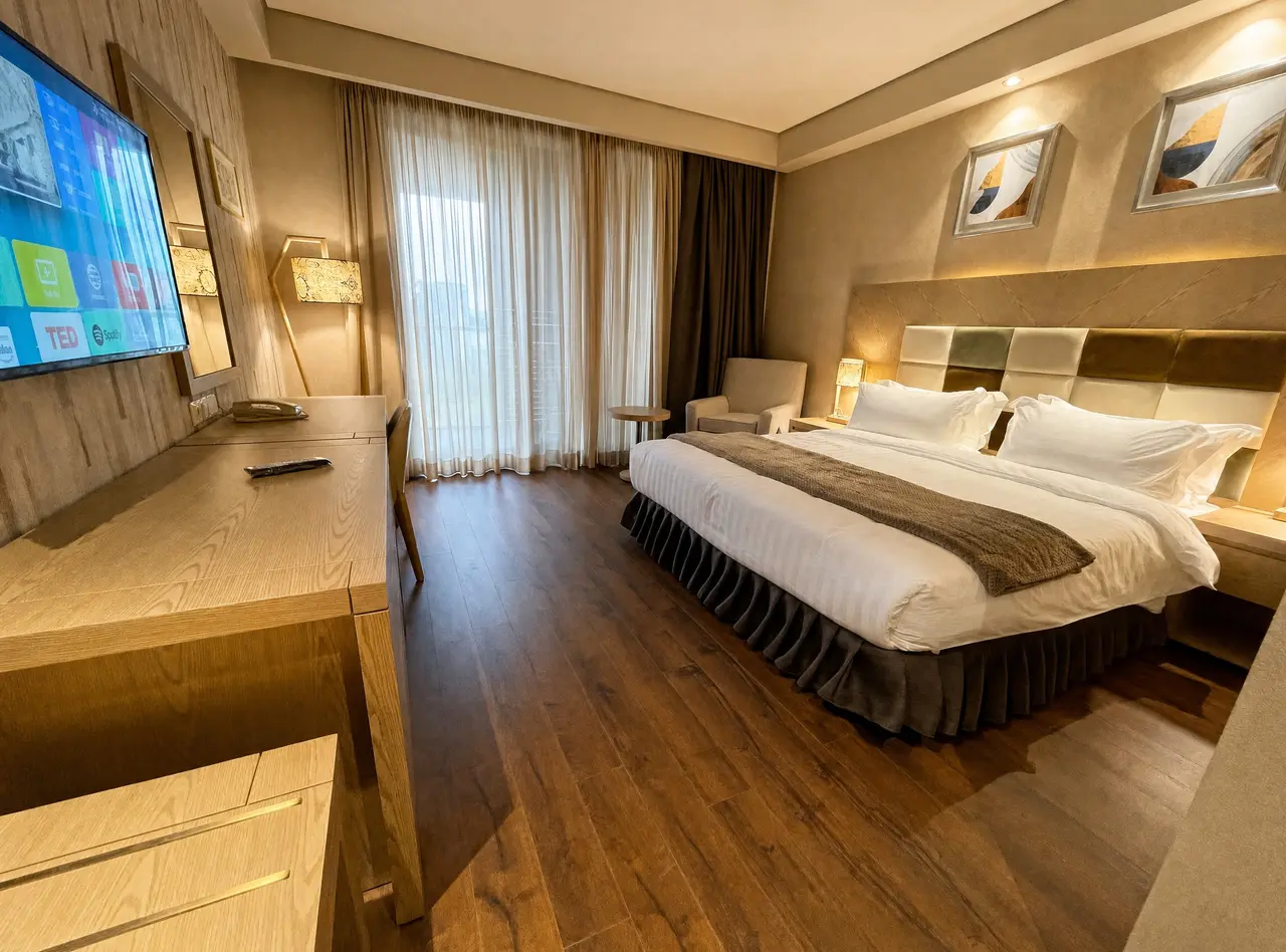King-size bed with wood floors, mounted TV and a reading lounge