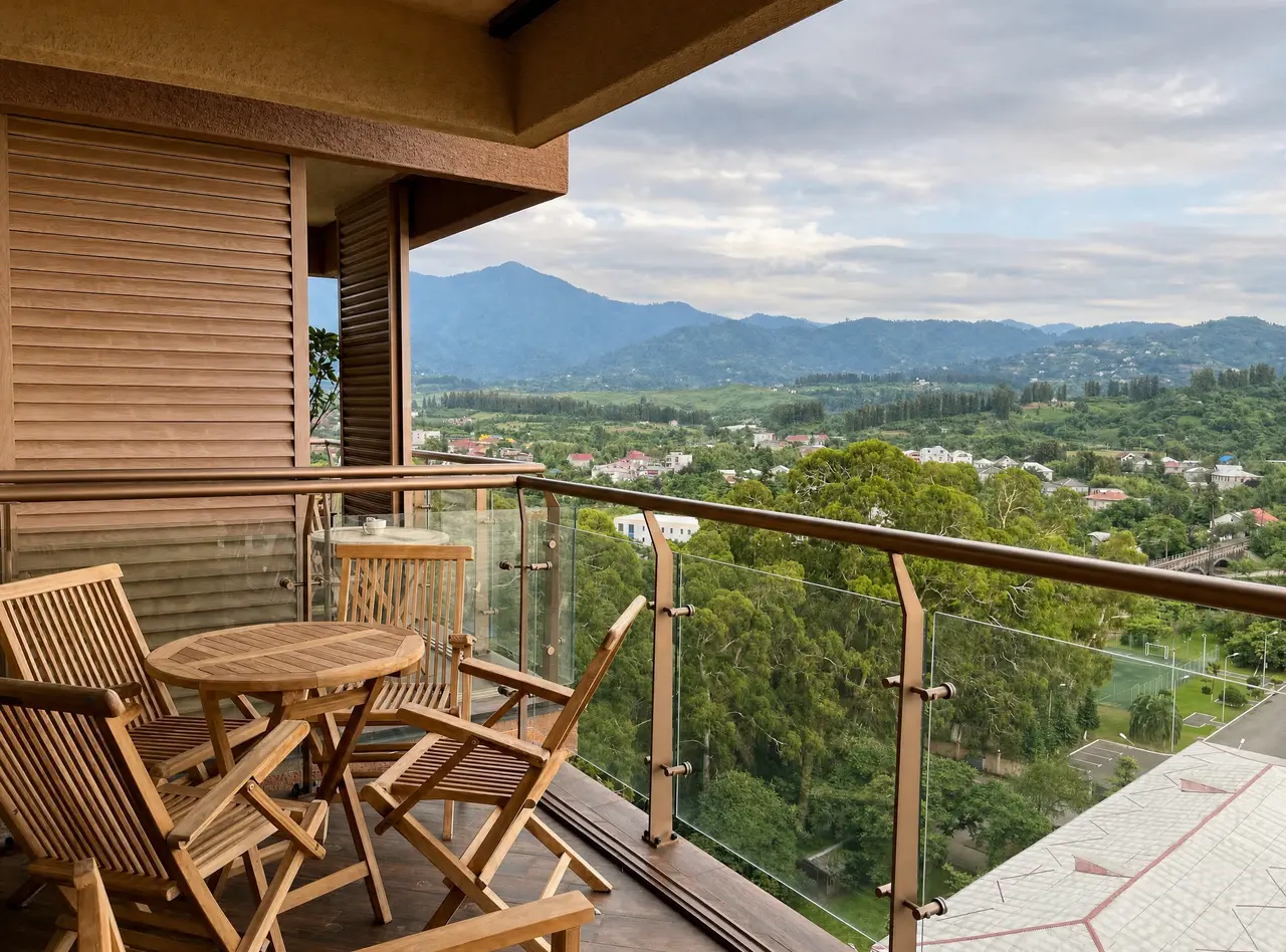 Wooden terrace seating with mountain panorama at golden hour