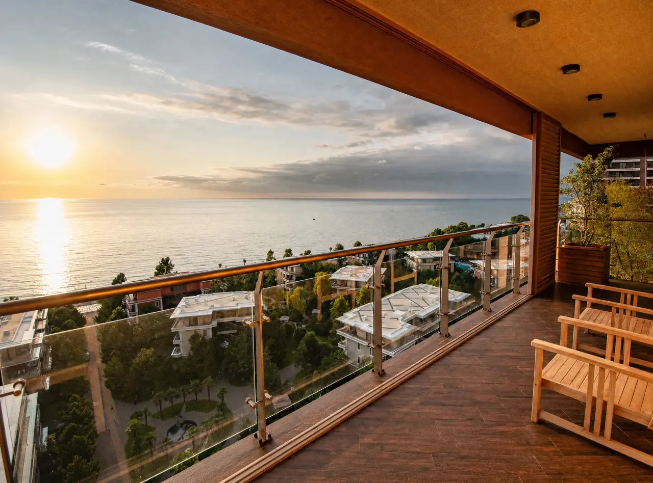 Sunset over the Black Sea from the long balcony with bench seating