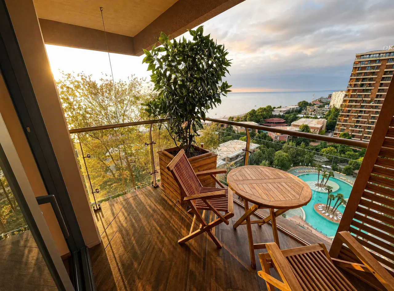 Wooden terrace with potted tree, sunset over the sea and pool view