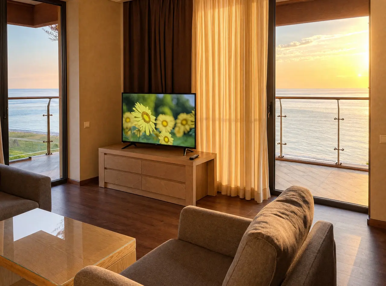 Living room flanked by two balconies with sunset over the sea