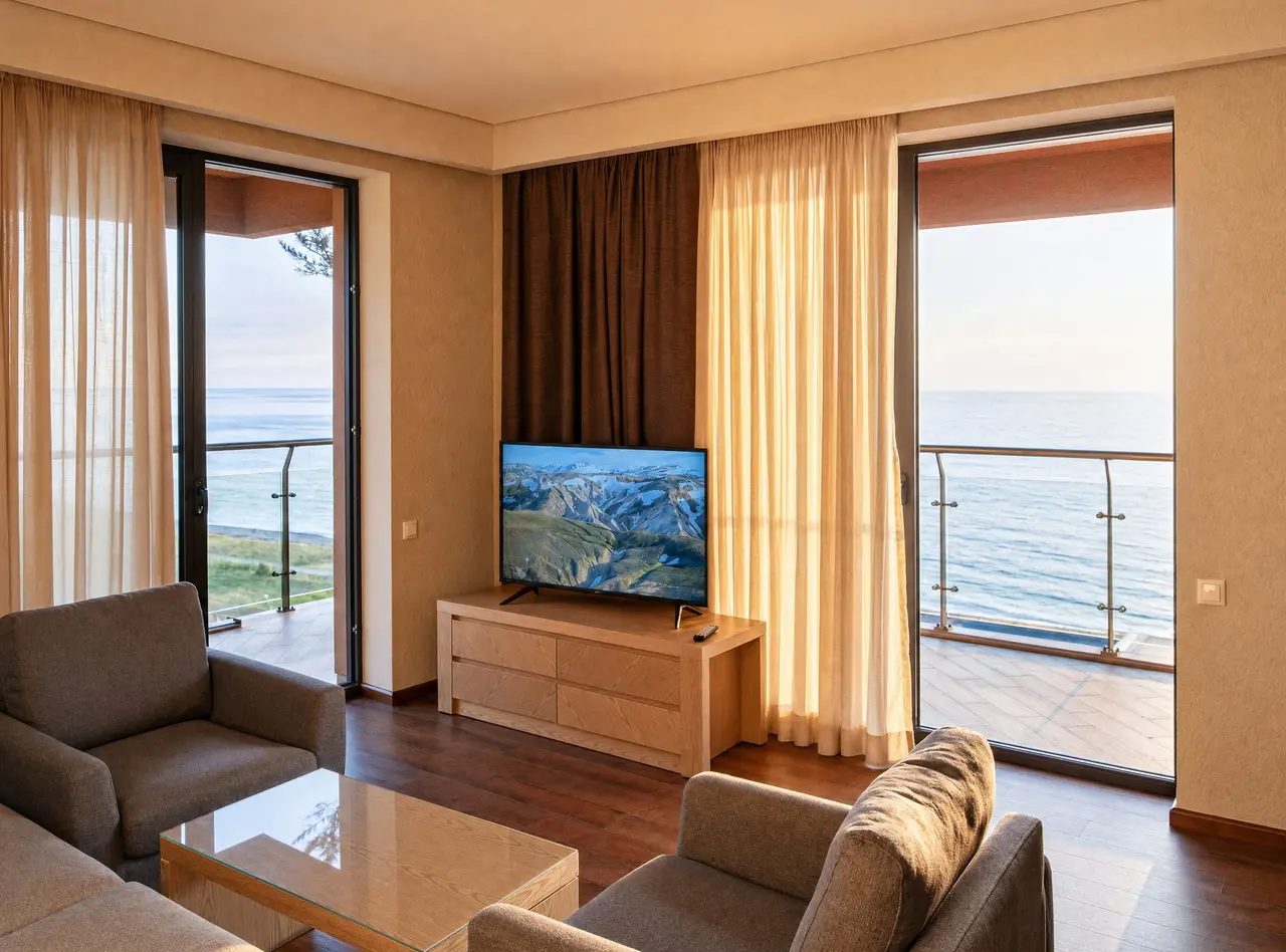 Living room with mounted TV and twin balcony doors framing the sea