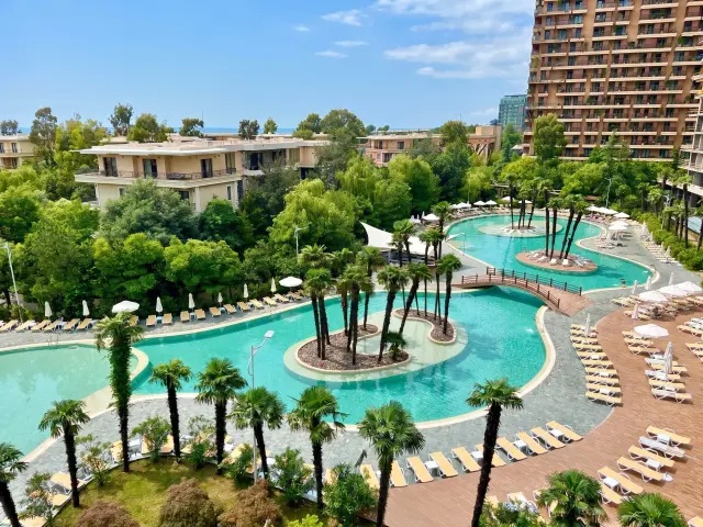 Island Pool with island and shade canopies